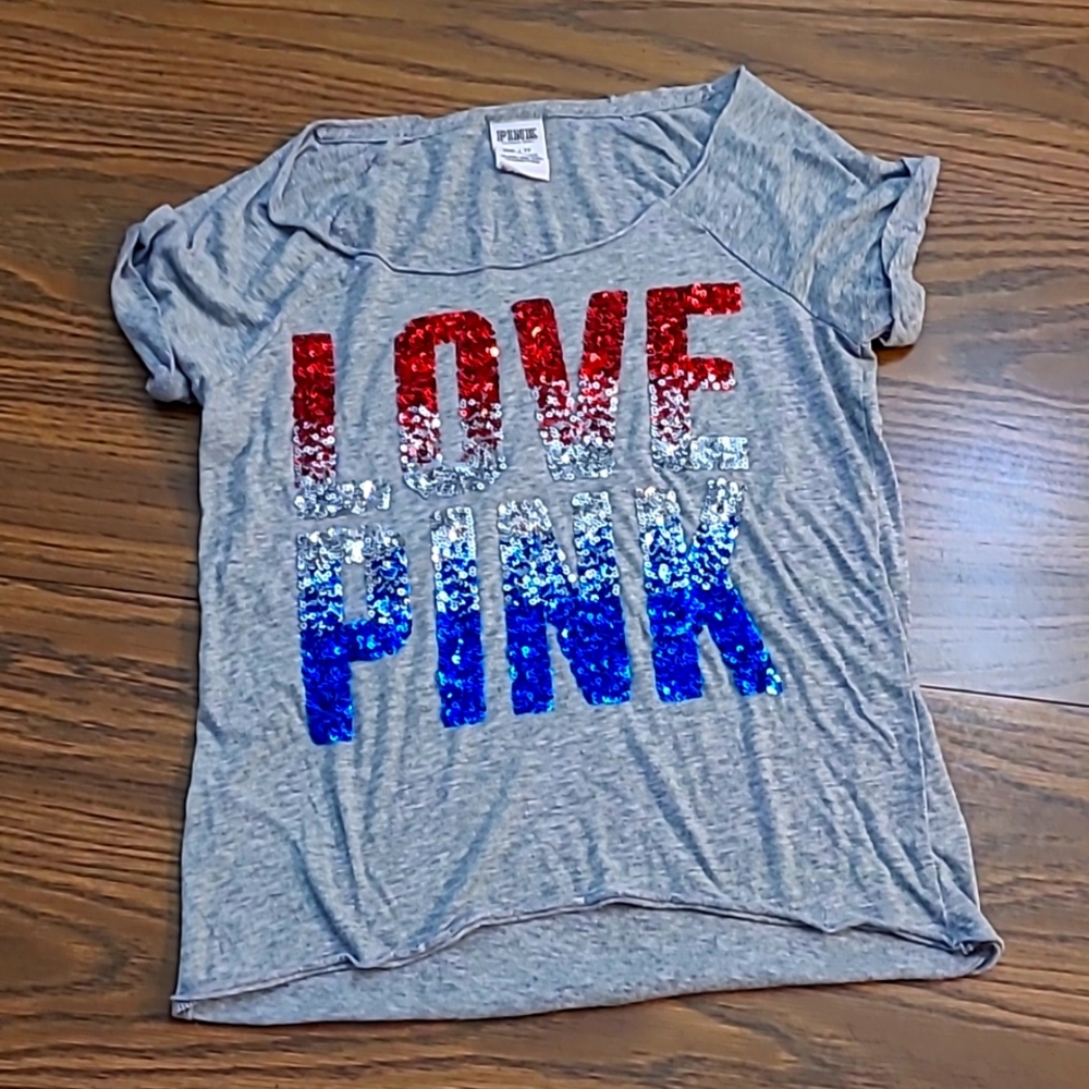Victoria's Secret PINK Sequined USA Red, Blue Patriotic Tee CUTE! ♥